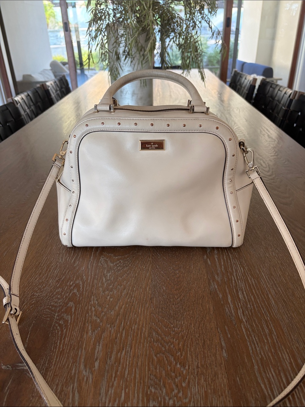 kate spade Cream Leather Top-Handle Satchel with Stud Accents